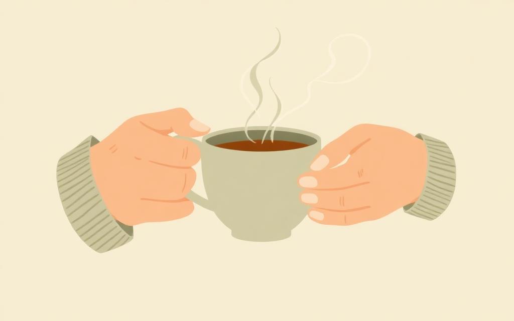 Two hands passing a warm mug between them